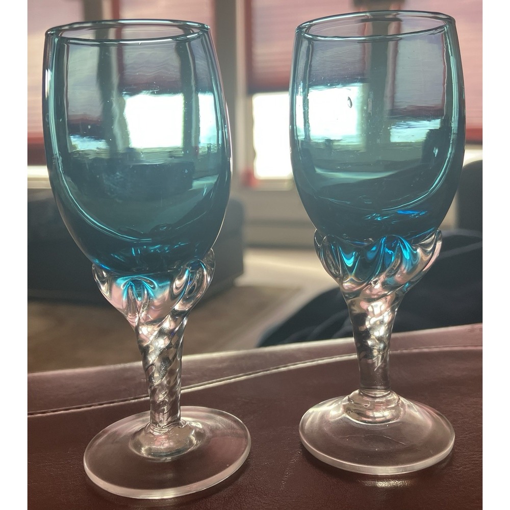 Set of 2 Vintage Azure Blue Aperitif Glass - Clear Twisted Glass Stem